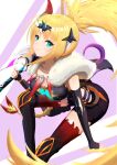  >:) 1girl bare_shoulders black_gloves black_shirt black_shorts black_thighhighs blue_eyes breasts cleavage closed_mouth commentary_request elbow_gloves feet_out_of_frame fingerless_gloves fur_shawl gloves hair_between_eyes hair_ornament hand_up heaven_burns_red highres holding holding_sword holding_weapon kanzaki_adelheid kanzaki_adelheid_(demon_king's_beastmaster_of_calamity) large_breasts leaning_forward long_hair looking_at_viewer multicolored_thighhighs official_alternate_costume over_shoulder ponytail psy_(artist) purple_background red_thighhighs shawl shirt shorts sidelocks simple_background sitting sleeveless sleeveless_shirt smile smug solo split_mouth sword sword_over_shoulder thighhighs two-tone_thighhighs v-shaped_eyebrows very_long_hair weapon weapon_over_shoulder zettai_ryouiki 