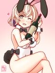  1girl alcohol animal_ears blonde_hair blue_eyes blue_hair blush bottle breasts champagne cleavage colored_inner_hair crossed_legs detached_collar fake_animal_ears gloire_(kancolle) gradient_background kanon_(kurogane_knights) kantai_collection leotard looking_at_viewer medium_breasts mole mole_on_neck multicolored_hair one_eye_closed pink_background rabbit_ears rabbit_tail short_hair sitting smile solo strapless strapless_leotard tail white_leotard 