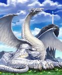  artist_request cliff cloud cloudy_sky cygames day dragon feathered_wings flower grass grasslands mountain no_humans official_art resting scales shadowverse shingeki_no_bahamut sky tower trinity_dragon wings 