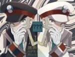  2boys black_coat black_hat brothers coat collared_shirt commentary_request emmet_(pokemon) gloves grey_eyes grey_hair hand_up hat highres ingo_(pokemon) long_sleeves male_focus multiple_boys ne_mo necktie peaked_cap pokemon pokemon_black_and_white shirt short_hair siblings watermark white_coat white_gloves white_hat white_shirt 