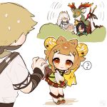  1boy 4girls ? aqua_hair backpack_basket bandana bandana_over_mouth bell bird black_hair blonde_hair blonde_streaks bloomers blunt_bangs blush boots bow bow-shaped_hair braid brown_bandana brown_dress brown_eyes brown_hair bush chinese_clothes chinese_hairpin closed_mouth commentary_request crane_(animal) deer double-parted_bangs dress facing_away fur-trimmed_boots fur_trim genshin_impact glasses gradient_sleeves green_jacket grey_hair hair_bell hair_ornament hair_stick hiding high_ponytail highres holding holding_stuffed_toy jacket jingle_bell long_hair long_sleeves looking_at_another madame_ping_(genshin_impact) medium_hair moon_carver_(genshin_impact) mountain_shaper_(genshin_impact) multicolored_hair multiple_girls nervous_sweating old old_woman oooma_155 ponytail puffy_long_sleeves puffy_sleeves red-framed_eyewear red_bow semi-rimless_eyewear shirt short_eyebrows short_hair short_sleeves sidelocks simple_background single_hair_streak smile speech_bubble spoken_question_mark standing streaked_hair stuffed_animal stuffed_rabbit stuffed_toy sweat treasure_hoarder_(genshin_impact) under-rim_eyewear white_background white_boots white_hair white_shirt xianyun_(genshin_impact) yaoyao_(genshin_impact) yuegui_(genshin_impact) zibai_(genshin_impact) 