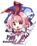  1girl :d \||/ akaneya animal_ear_hairband animal_ears bare_legs bird_ears bird_girl bird_wings blush_stickers breasts chibi chibi_only cleavage commentary_request commission covered_navel fake_animal_ears fingernails full_body full_moon hairband hand_up leotard long_fingernails looking_at_viewer medium_breasts moon musical_note mystia_lorelei open_mouth pink_hair pink_leotard playboy_bunny rabbit_ear_hairband rabbit_ears red_hairband red_shoes shoes short_hair skeb_commission smile solo standing strapless strapless_leotard touhou twitter_username wings wrist_cuffs 