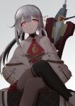  1girl absurdres ankle_boots ascot assault_lily bare_shoulders black_hair black_thighhighs blunt_bangs boots braid brown_pantyhose closed_mouth collared_shirt commentary_request crossed_legs crown_braid feet_out_of_frame frilled_skirt frills goteni_(assault_lily) gradient_background grey_background grey_hair highres jacket long_hair long_sleeves looking_at_viewer miniskirt multicolored_hair off_shoulder open_clothes open_jacket pantyhose planted quad_tails red_ascot red_eyes red_skirt shirt sitting skirt sleeveless sleeveless_shirt solo thighhighs thighhighs_over_pantyhose two-tone_hair very_long_hair weapon white_boots white_jacket wide_sleeves yadoo 