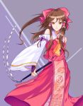  1girl ascot bow bridal_gauntlets brown_hair closed_mouth commentary_request detached_sleeves embellished_costume frilled_hair_tubes frills frown gohei hair_bow hair_tubes hakurei_reimu holding holding_gohei long_hair looking_at_viewer red_bow red_eyes red_skirt skirt skirt_set solo touhou yellow_ascot yin_yang yin_yang_print yoni. 
