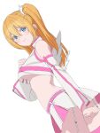  1girl 2.5_jigen_no_ririsa amano_ririsa ass blonde_hair blue_eyes breasts closed_mouth colored_eyelashes cosplay cowboy_shot crop_top detached_sleeves dutch_angle english_commentary fake_wings garter_straps hair_between_eyes hand_up highres kosuke_ida liliel_(2.5_jigen_no_ririsa) looking_at_viewer looking_back medium_breasts midriff mini_wings miniskirt pink_shirt pink_skirt pink_sleeves pink_thighhighs pleated_skirt shirt simple_background skirt sleeveless sleeveless_shirt smile solo standing thighhighs twintails two-tone_shirt two-tone_skirt two-tone_sleeves underboob white_background white_shirt white_skirt white_sleeves white_wings wings 