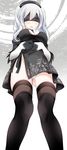  ass_visible_through_thighs black_dress black_legwear blindfold blush breasts commentary_request cosplay dress feet_out_of_frame from_below gloves hands_together hat highleg highleg_leotard highres kantai_collection kashima_(kantai_collection) legs_apart leotard long_hair medium_breasts nier_(series) nier_automata oouso open_clothes open_mouth silver_hair solo standing sweatdrop thighhighs upskirt yorha_no._2_type_b yorha_no._2_type_b_(cosplay) 
