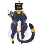  accessory anthro areola armor big_areola big_breasts black_hair blonde_highlights blue_body blue_eyes blue_fur blush breasts chain clothing domestic_cat ear_piercing egyptian egyptian_clothing felid feline felis female fur furgonomics gem gesture gold_(metal) gold_jewelry hair hand_gesture headgear helmet hi_res highlights_(coloring) holding_armor holding_headgear holding_helmet holding_object jewelry mammal mandalorian_helmet markings neni_mau_(nickzilla) nick(chief)_(nickzilla) nipple_piercing nipples pantherine piercing qweeks solo spots spotted_body spotted_fur striped_markings stripes tail tail_accessory tail_jewelry thick_thighs v_sign whiskers 