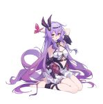  1girl absurdres arm_up barefoot breasts bug butterfly hair_between_eyes highres honkai_(series) honkai_impact_3rd long_hair looking_at_viewer ningmeng_jing_jing_jing_jing on_ground open_mouth purple_hair seiza sirin sitting solo very_long_hair white_background yellow_eyes 