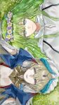  1boy 1other absurdres androgynous arabian_clothes blonde_hair chinese_commentary commentary_request day earrings enkidu_(fate) eryi021 fate/grand_order fate_(series) flower_wreath gilgamesh_(caster)_(fate) gilgamesh_(fate) grass green_eyes green_hair head_chain highres jewelry long_hair lying on_back outdoors red_eyes robe short_hair sideways smile turban white_robe 