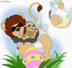 4_toes 5_fingers abdl anthro arm_tuft artist_name bar_emanata barefoot belly bent_over black_eyewear black_nose black_sunglasses blue_egg blue_spots bodily_fluids brown_eyes brown_hair brown_mane brown_pawpads brown_tail brown_tail_tip brown_tail_tuft brown_tuft butt butt_grab claws clothed clothing colored crouching cutaway detailed_background diaper diaper_check diaper_fetish diaper_pull digital_drawing_(artwork) digital_media_(artwork) dipstick_tail disembodied_hand duo ear_tuft easter easter_egg emanata evander_rex eyewear feet felid feline_tail field finger_claws fingers full_diaper fur fur_tuft genital_fluids gradient_background grass grass_field green_arms green_body green_eyes green_fur green_hands grey_claws grey_clothing grey_finger_claws grey_shirt grey_t-shirt grey_toe_claws grey_topwear hair hal_cotta hand_on_another's_butt hand_on_butt hand_on_knee hand_on_leg hand_on_own_knee hand_on_own_leg hand_on_own_thigh hand_on_thigh handpaw heterochromia hi_res hindpaw holidays humanoid_hands leg_tuft lion long_tail looking_at_another looking_at_partner male male/nonbinary mammal mane mane_hair markings messy_hair messy_mane mouse multicolored_body multicolored_ears multicolored_egg multicolored_fur multicolored_hands multicolored_stripes multicolored_tail murid murine nonbinary_(lore) outside pantherine pantsless pantsless_anthro pantsless_male pawpads paws pink_egg pink_inner_ear pink_stripes plant raised_tail reaching reaching_for_object reaching_out rodent sandy_fur shin_tuft shirt shocked shoulder_length_hair simple_background sky smellykuya solo_focus spots spotted_egg striped_egg stripes sunglasses surprised t-shirt tail tail_markings tail_tuft tan_arms tan_belly tan_body tan_chest tan_ears tan_face tan_feet tan_fur tan_hands tan_legs tan_paws tan_snout tan_tail tan_torso tan_tuft teeth text thigh_tuft toe_claws toes tongue topwear tuft unclean_diaper urine used_diaper waistband_pull wearing_diaper wet_diaper whisker_spots white_background white_diaper white_emanata yellow_egg yellow_emanata yellow_stripes