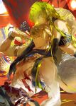  1boy 1other androgynous arabian_clothes armlet blonde_hair bracelet commentary_request cropped_vest earrings elbow_gloves enkidu_(fate) enkidu_(talk_of_the_hot_sands)_(fate) fate/grand_order fate_(series) gilgamesh_(fate) gilgamesh_(talk_of_the_hot_sands)_(fate) gloves green_eyes green_hair highres jewelry long_hair necklace open_clothes open_vest red_eyes rihuajiong robe short_hair smile unfinished vest white_robe 