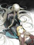  2girls arm_support belt black_dress black_shirt black_shoes black_shrug blonde_hair blue_nails braid brown_cloak cloak closed_mouth clothing_cutout commentary_request cropped_jacket dress fate/apocrypha fate_(series) gjtthflmaster green_eyes hair_over_eyes half_up_braid hand_on_own_stomach hand_up high_heels hood hooded_cloak jacket korean_commentary lap_pillow long_hair long_sleeves looking_at_another looking_up lying medium_hair mordred_(fate) mordred_(young)_(fate) morgan_le_fay_(fate) morgan_le_fay_(fate/apocrypha) mother_and_child mother_and_daughter multiple_girls nail_polish on_back parent_and_child parted_bangs parted_lips red_belt red_jacket shirt shoes shrug_(clothing) sidelocks sitting stomach_cutout yokozuwari 