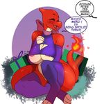  2017 anthro areola arnachy breasts charmeleon clothed clothing dialogue english_text eyes_closed female fire french_text gift hi_res legwear mama_charmeleon nintendo open_mouth pok&eacute;mon solo text thick_thighs thigh_highs video_games 