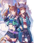  2girls absurdres animal_ears argyle_clothes asymmetrical_legwear bandeau beanie belt belt_buckle belt_collar black_belt black_gloves black_pants black_skirt black_thighhighs blue_coat blue_eyes blush breasts brown_hair brown_tail buckle camellia_(camel_mal) candy coat collar commentary_request crop_top cropped_jacket denim dice dice_necklace dice_pendant ears_through_headwear fingerless_gloves fingernails fishnet_thighhighs fishnet_top fishnets food food_in_mouth gloves grey_hat hair_between_eyes hair_ornament hat highres horse_ears horse_girl horse_tail jacket jeans jewelry locked_arms lollipop lollipop_in_mouth long_hair long_sleeves looking_at_viewer midriff mismatched_legwear multicolored_nails multiple_girls nail_polish nakayama_festa_(shichuukyuukatsu)_(umamusume) nakayama_festa_(umamusume) navel necklace one_eye_closed open_clothes open_jacket pants purple_belt purple_collar purple_eyes shirt skirt striped_bandeau tail thigh_strap thighhighs torn_clothes torn_jeans torn_pants torn_shirt tosen_jordan_(jokester_vibes)_(umamusume) tosen_jordan_(umamusume) twintails umamusume zoom_layer 