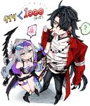  1boy 1girl 6sakuu ? absurdres ahoge anger_vein bandages bead_necklace beads black_hair blade_(elation)_(honkai:_star_rail) blade_(honkai:_star_rail) bright_pupils cheek_pinching clothes_writing coattails commentary_request drill_hair eyewear_on_head full_body gloves grey_eyes grey_hair hair_between_eyes hair_over_one_eye highres honkai:_star_rail honkai_(series) jacket jewelry long_hair looking_at_another mechanical_tail midriff navel necklace open_clothes open_jacket pants pinching pout shorts silver_wolf_(honkai:_star_rail) silver_wolf_(lv.999)_(honkai:_star_rail) spoken_anger_vein spoken_question_mark tail tailcoat tearing_up thigh_strap very_long_hair 