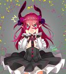  1girl asymmetrical_horns bangs blue_eyes blush copyright_name detached_sleeves dress elizabeth_bathory_(fate) elizabeth_bathory_(fate)_(all) fate/extra fate/extra_ccc fate_(series) frilled_dress frills hands_on_own_face highres horns kaerunoko long_hair looking_at_viewer open_mouth pink_hair pointy_ears solo surprised two_side_up 