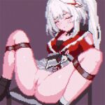  1girl :| anus arms_behind_back bdsm belt black_belt black_boots black_choker blush bondage boots bottomless bound braid breasts chair choker closed_eyes closed_mouth clothing_cutout commentary facial_mark frilled_shirt_collar frills frogtie honkai:_star_rail honkai_(series) leleka long_hair medium_breasts multicolored_hair on_chair pixel_art purple_background pussy reclining red_hair red_shirt red_streaks shirt shoulder_cutout sidelocks simple_background single_sock skirt socks solo sparkle_(honkai:_star_rail) sparxie_(honkai:_star_rail) spread_legs streaked_hair thighs twintails uncensored white_hair white_skirt white_socks 