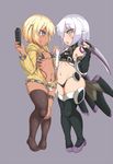  2girls assassin_of_black bandage bandaged_arm bare_shoulders black_gloves black_legwear black_panties blonde_hair blue_eyes breasts elbow_gloves eyebrows eyebrows_visible_through_hair fate/apocrypha female full_body gloves green_eyes hand_holding holding holding_weapon jacket kago_(htpxr) long_sleeves looking_at_another multiple_girls navel open_clothes open_jacket open_mouth original panties profile shoes silver_hair simple_background small_breasts standing thighhighs thighs underwear weapon 
