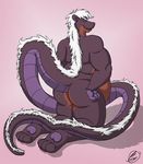  2010 anthro belly big_belly big_butt black_fur butt fangs fur gtskunkrat_(character) hair hindpaw hybrid juano kneeling long_tail looking_at_viewer looking_back male mammal nude overweight pawpads paws purple_skin rat red_fur rodent skunk smile solo white_hair 