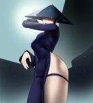  1girl 2025 abstract_background absurdres ao_dai ass black_hair breasts chakram from_side fromsoftware grey_background hat highres makiidraws one_eye_covered rice_hat single_bare_leg solo the_duskbloods thighs weapon 