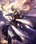  angel_wings armor artist_request cloud cloudy_sky cygames feathers looking_back lucifer_(shingeki_no_bahamut) multiple_wings official_art scabbard seraph shadowverse sheath shingeki_no_bahamut sky sword weapon white_hair wings 