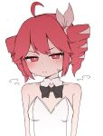  1girl ahoge bare_shoulders black_bow black_bowtie blush bow bowtie bright_pupils center-flap_bangs closed_mouth collarbone detached_collar dot_nose double-parted_bangs drill_hair hair_bow half-closed_eyes highres kasane_teto leotard looking_at_viewer red_eyes red_hair simple_background steaming_body strapless strapless_leotard sweat synthesizer_v twin_drills twintails utau white_background white_leotard white_pupils zunda_drop 