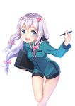  absurdres blue_eyes bow buerking eromanga_sensei green_jacket hair_bow highres hood hooded_jacket izumi_sagiri jacket leaning_forward long_hair looking_at_viewer low-tied_long_hair nail_polish pink_bow pink_nails silver_hair smile standing standing_on_one_leg stylus white_background 