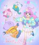  1girl :3 :d ahoge alien ankomochi214 aqua_hair aqua_jacket azuki_(mahou_no_shimai_lulutto_lilly) blue_eyes blue_gloves blue_shoes breasts cleavage clenched_hand commentary_request compato_lilly creature crop_top dot_nose full_body gloves hair_ornament highres hood hooded_jacket jacket leg_warmers long_sleeves looking_at_another mahou_no_shimai_lulutto_lilly meeter midriff miniskirt multicolored_hair multicolored_jacket nonoyama_fuu open_clothes open_jacket outstretched_arms pink_hair pink_leg_warmers pleated_skirt purple_hair purple_tank_top release_celebration shoes skirt smile spacesuit spread_arms standing standing_on_one_leg star_(symbol) star_hair_ornament straight_hair tank_top translation_request two-tone_jacket uguisu_(mahou_no_shimai_lulutto_lilly) white_skirt yellow_jacket 