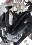  1boy blonde_hair earrings fate/strange_fake fate_(series) fur-trimmed_jacket fur_trim gilgamesh_(fate) gloves highres jacket jewelry male_focus necklace open_mouth pants red_eyes short_hair sitting smile solo wo_do 