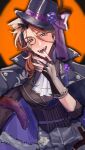  1boy aegyo_sal animal_ears ascot black_hair buttons cat_boy cat_ears cat_tail coat coat_on_shoulders corset cowboy_shot eyelashes fangs fingerless_gloves fingernails flower gloves grey_pants hand_to_own_mouth hat hat_flower hat_ribbon heterochromia highres holostars kemonomimi_mode male_focus mole mole_under_eye monocle multicolored_hair official_alternate_costume open_mouth orange_background orange_eyes orange_hair pants purple_eyes purple_flower ribbon san_3_t shadow sleeves_rolled_up solo spotlight tail tail_around_arm top_hat vest virtual_youtuber waistcoat white_ascot yukoku_roberu yukoku_roberu_(7th_costume) 