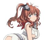  1girl breast_pocket breasts brown_hair chuchu_tako commentary_request dated dress greyscale high_side_ponytail highres kantai_collection large_breasts monochrome neckerchief one-hour_drawing_challenge pocket ponytail red_neckerchief saratoga_(kancolle) side_ponytail simple_background smokestack_hair_ornament solo torn_clothes white_background white_dress 