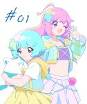  2girls :d absurdres ahoge blue_eyes blue_hair breasts child choker cleavage commentary_request conpa creature crop_top cropped_jacket dual_persona hair_ornament hand_up highres holding holding_creature hood hooded_jacket jacket light_blush long_hair looking_at_viewer mahou_no_shimai_lulutto_lilly midriff multiple_girls no_navel nonoyama_fuu nonoyama_rui ojin open_clothes open_jacket pink_hair pink_skirt purple_eyes purple_tank_top release_celebration short_sleeves simple_background skirt small_breasts smile standing star_(symbol) star_hair_ornament stomach straight_hair tank_top v-shaped_eyebrows white_background yellow_choker yellow_skirt 