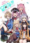  6+girls aikawa_megumi asakura_karen_(heaven_burns_red) black_hair blonde_hair blue_eyes bow bowtie brown_hair closed_eyes commentary_request confetti couch double_bun glasses goslingwallows green_eyes grey_hair hair_bun hair_ornament hair_ribbon hairpin heaven_burns_red highres izumi_yuki kayamori_ruka kunimi_tama long_hair looking_at_viewer low_twintails multiple_girls narby_(heaven_burns_red) on_couch on_floor on_ground open_mouth pink_hair red_bow red_bowtie red_eyes red_ribbon ribbon short_hair simple_background sitting slime_(creature) toujou_tsukasa twintails v wariza white_background white_ribbon 