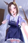  1girl absurdres air_groove_(umamusume) anger_vein animal_ears apron blue_apron blue_eyes blurry blush bokeh bow breasts brown_hair commentary_request depth_of_field ear_bow frilled_skirt frills hair_between_eyes highres holding holding_pillow horse_ears horse_girl horse_tail indoors large_breasts leaning_forward looking_at_viewer menchi_rishio open_mouth pillow pov puffy_short_sleeves puffy_sleeves purple_shirt sailor_collar sailor_shirt school_uniform shirt short_hair short_sleeves skindentation skirt spoken_anger_vein tail teeth thighhighs thighs tracen_school_uniform umamusume upper_teeth_only v-shaped_eyebrows white_sailor_collar white_thighhighs yellow_bow 