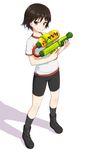  bangs bike_shorts black_footwear black_legwear black_shorts boots full_body girls_und_panzer grin gym_shirt gym_uniform holding holding_weapon isobe_noriko looking_at_viewer shadow shirt short_hair short_sleeves shorts smile socks solo splatoon_(series) splattershot_(splatoon) standing suke_(momijigari) swept_bangs translated weapon white_background white_shirt 