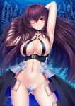  armpits ass_visible_through_thighs breasts collar collarbone commentary_request cosplay crotch_plate fate/extra fate/extra_ccc fate/grand_order fate_(series) groin highres large_breasts long_hair looking_at_viewer masatoki meltlilith meltlilith_(cosplay) navel o-ring o-ring_top one_eye_closed passion_lip passion_lip_(cosplay) playing_with_own_hair purple_hair red_eyes revealing_clothes scathach_(fate)_(all) scathach_(fate/grand_order) sideboob smile smirk solo thighs very_long_hair 