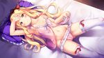  arm_up armpits ass_visible_through_thighs bare_shoulders bed bed_sheet blonde_hair blush bow breasts commentary_request eromanga_sensei groin hair_bow irohasu long_hair looking_at_viewer lying navel nightgown on_back on_bed orange_eyes panties pillow pink_panties red_bow sideboob sleeveless small_breasts smile solo stomach strap_slip thighhighs underwear yamada_elf 