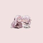  2girls armored_bodysuit black_boots boots cheek-to-cheek closed_eyes commentary_request crying goddess_of_victory:_nikke grey_hair hair_ornament hair_stick headgear heads_together highres holding_hands kin_cho korean_commentary leotard long_hair multiple_girls open_mouth rose_(nikke) scarlet_(nikke) seiza siblings simple_background sisters sitting tears white_leotard 