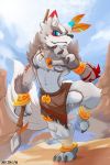  2018 anthro canine clothing digital_media_(artwork) loincloth looking_at_viewer male mammal mokarakom simple_background solo tribal weapon wolf 
