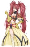  1girl absurdres armor belt breasts cleavage commentary_request crop_top elbow_gloves feet_out_of_frame full_body gloves hand_on_own_hip hand_up highres long_hair looking_at_viewer nanaly_fletch navel overskirt parted_lips pauldrons purple_eyes red_belt red_hair shirako_(kirupi) shoulder_armor skirt smile solo standing tales_of_(series) tales_of_destiny tales_of_destiny_2 thighhighs twintails yellow_gloves yellow_skirt yellow_thighhighs 