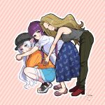  3girls alternate_costume black_hat blue_shorts blue_skirt braid brown_shoes closed_eyes closed_mouth commentary contemporary diagonal-striped_background fern_(sousou_no_frieren) frieren from_side grey_shirt hat highres interlocked_fingers long_hair meru_merume603 methode_(sousou_no_frieren) multiple_girls orange_shirt pants pointy_ears purple_hair sandals shirt shoes short_sleeves shorts signature skirt sleeveless sleeveless_shirt smile sousou_no_frieren spread_fingers squatting striped_background untranslatable_commentary 
