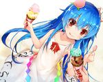  adapted_costume bangs blue_hair collarbone commentary_request dress dutch_angle efe flat_chest food fruit gradient gradient_background hair_between_eyes hinanawi_tenshi holding holding_spoon ice_cream licking_lips long_hair peach red_eyes revision smile solo_focus spoon sundress tongue tongue_out touhou white_dress 