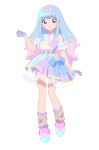  1girl aqua_dress arm_at_side artist_request bare_shoulders blue_eyeliner blue_hair blue_shoes blunt_bangs bow bowtie collared_dress detached_sleeves dot_nose dress dress_bow eyeliner fairy_kei full_body gloves gradient_hair hairband hand_up highres idol idol_clothes large_bow leg_warmers legs_apart light_blush long_hair long_sidelocks looking_at_viewer magical_girl mahou_no_shimai_lulutto_lilly makeup mashu_lulu multicolored_hair multicolored_shoes neon_lights nonoyama_rui official_art pink_bow pink_hair pink_hairband pink_lips pink_shoes purple_bow purple_dress purple_eyes purple_gloves purple_leg_warmers second-party_source shoes short_dress short_sleeves sidelocks sleeveless sleeveless_dress smile standing straight_hair two-tone_dress two-tone_hair two-tone_shoes wristband yume_kawaii 