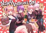  4girls amano_erika black_dress bottle brown_eyes brown_hair brown_pantyhose cake champagne_flute chocolate_cake crossed_legs cup dress drinking_glass english_text food green_eyes happy_valentine heart highres holding holding_bottle holding_cup holding_plate kakkou_no_iinazuke long_hair looking_at_viewer macaron mochizuki_ai_(kakkou_no_iinazuke) multiple_girls one_eye_closed open_mouth pantyhose plate purple_eyes purple_hair segawa_hiro short_hair sitting teeth twintails umino_sachi_(kakkou_no_iinazuke) upper_teeth_only yoshikawa_miki 