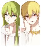  1boy 1other androgynous blonde_hair blush commentary_request enkidu_(fate) fate/strange_fake fate_(series) gilgamesh_(fate) green_eyes green_hair highres jewelry lkl_0010 long_hair necklace open_mouth other_with_male red_eyes robe short_hair simple_background smile split_screen upper_body white_background white_robe 