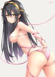  armpits ass bikini black_hair blush breasts brown_eyes closed_mouth commentary_request covered_nipples cowboy_shot dated entangled from_behind grey_background hair_between_eyes hair_ornament hairclip haruna_(kantai_collection) headphones kantai_collection leaning_forward light_frown long_hair looking_at_viewer medium_breasts micro_bikini pink_bikini pink_ribbon ribbon rin_yuu shiny shiny_skin sideboob signature simple_background skindentation solo standing string_bikini swimsuit tareme thighs very_long_hair 