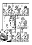  1girl admiral_(kantai_collection) baguette bread breakfast closed_eyes comic egg food fork gin_(shioyude) grabbing greyscale halftone head_grab highres ikazuchi_(kantai_collection) kantai_collection monochrome newspaper one_eye_closed open_mouth sausage sunglasses tehepero tomato tongue tongue_out translated 