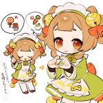  1girl :o apron back_bow bell blunt_bangs blush bow bow-shaped_hair brown_eyes brown_hair candy carrot china_dress chinese_clothes chocolate chocolate_bar closed_eyes closed_mouth commentary_request double-parted_bangs dress food frilled_apron frills genshin_impact green_dress hair_bell hair_ornament hair_ribbon hand_on_own_hip hand_up heart heart_hands highres index_finger_raised jingle_bell lollipop long_sleeves looking_at_viewer maid maid_apron maid_headdress mandarin_collar medium_hair multiple_views oooma_155 open_mouth orange_bow orange_ribbon qi_maid radish ribbon short_eyebrows sidelocks simple_background smile speech_bubble spoken_food standing swirl_lollipop thighhighs translation_request two_side_up u_u white_apron white_background white_thighhighs yaoyao_(genshin_impact) 