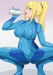  1girl 2020s 2023 absurd_res absurdres adult adult_female ass_visible_through_thighs blonde_hair blush bottle breasts buni_guun green_eyes grey_background highres large_breasts mature_female metroid nintendo open_mouth ponytail pussy pussy_outline samus_aran sexually_suggestive simple_background skin_tight solo squatting teeth tongue tongue_out upper_teeth_only zero_suit_samus 