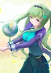  1girl absurdres aqua_shirt ball black_hairband blue_ribbon blush breasts closed_mouth collared_shirt commentary_request cowboy_shot floating_hair green_hair green_skirt hair_ornament hairband heaven_burns_red highres jacket large_breasts light_particles long_hair long_sleeves mole mole_under_mouth murofushi_risa neck_ribbon open_clothes open_jacket outstretched_arms pleated_skirt psy_(artist) purple_eyes purple_jacket ribbon shirt simple_background skirt smile solo split_mouth swept_bangs twintails v_arms very_long_hair volleyball volleyball_(object) yellow_background 
